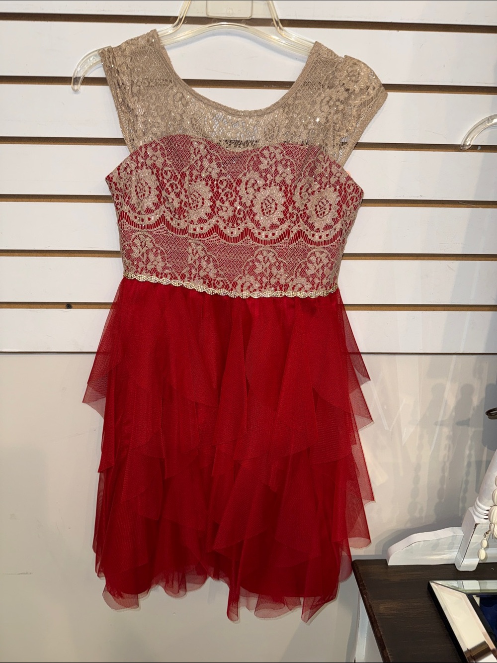 Tween Diva Girls Red Tulle Party Dress with Gold Lace Bodice